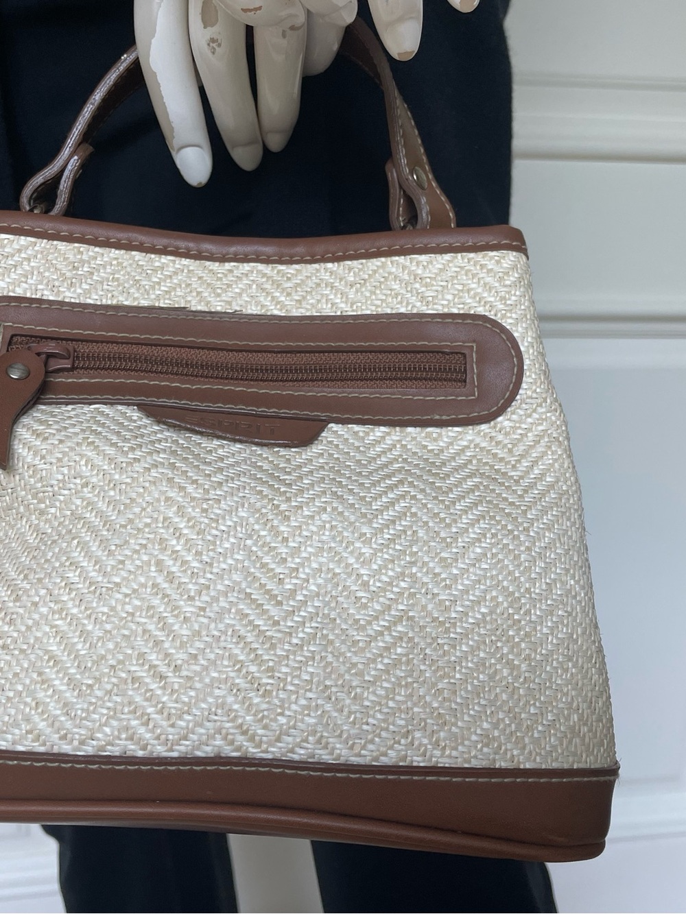 Esprit Cream Woven Satchel with Brown Trim